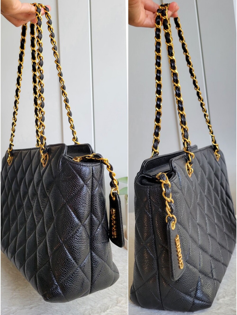 💕CHANEL Caviar Skin Black Quilted Leather Shoulder Tote Bag with Gold Chain